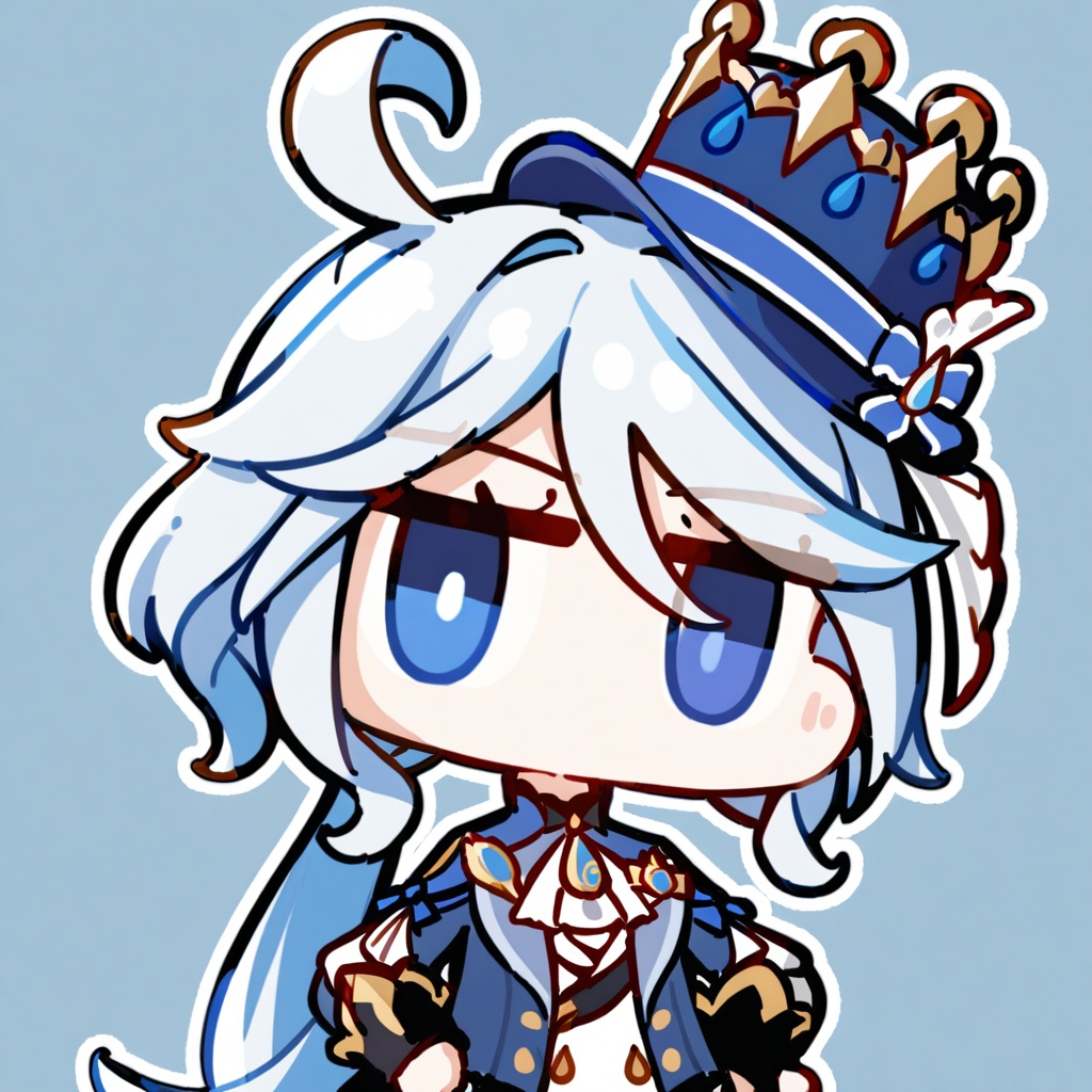chibi,solo,<lora:nineface-chibi-A31-5:1>,1girl,furina \(genshin impact\),genshin impact,blue eyes,white hair,hair between eyes,bangs,blue hair,ahoge,bow,hat,long hair,multicolored hair,blue headwear,top hat,