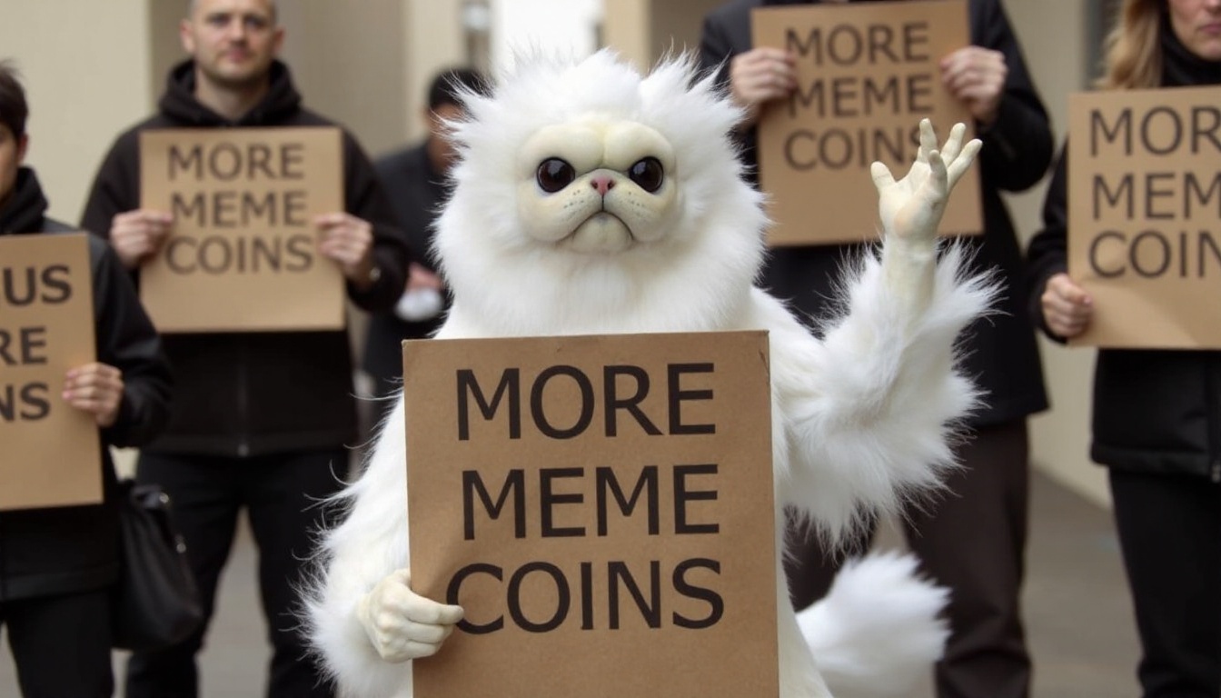 PERSIANCAT,  WHITE MONKEY CAT PROTESTERS WITH SIGNS THAT SAY "MORE MEME COINS" on Tensor.Art