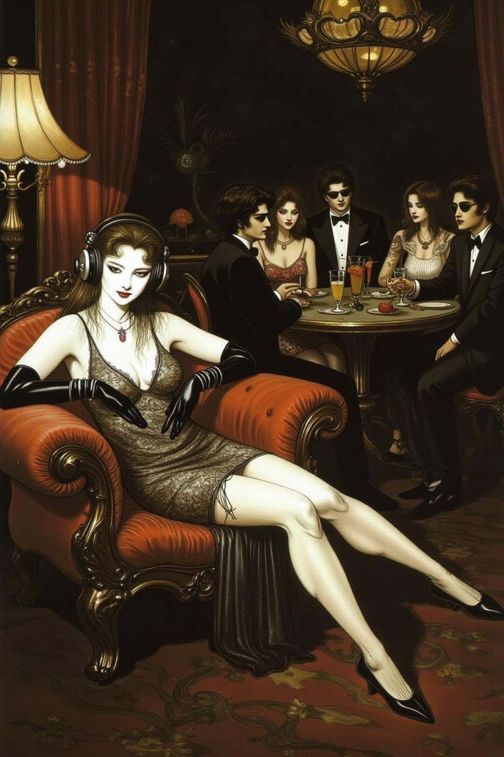 amayo illustration.A luxurious,  dimly lit lounge set in 1970s Italy,  exuding vintage charm and opulence. A stylish young...