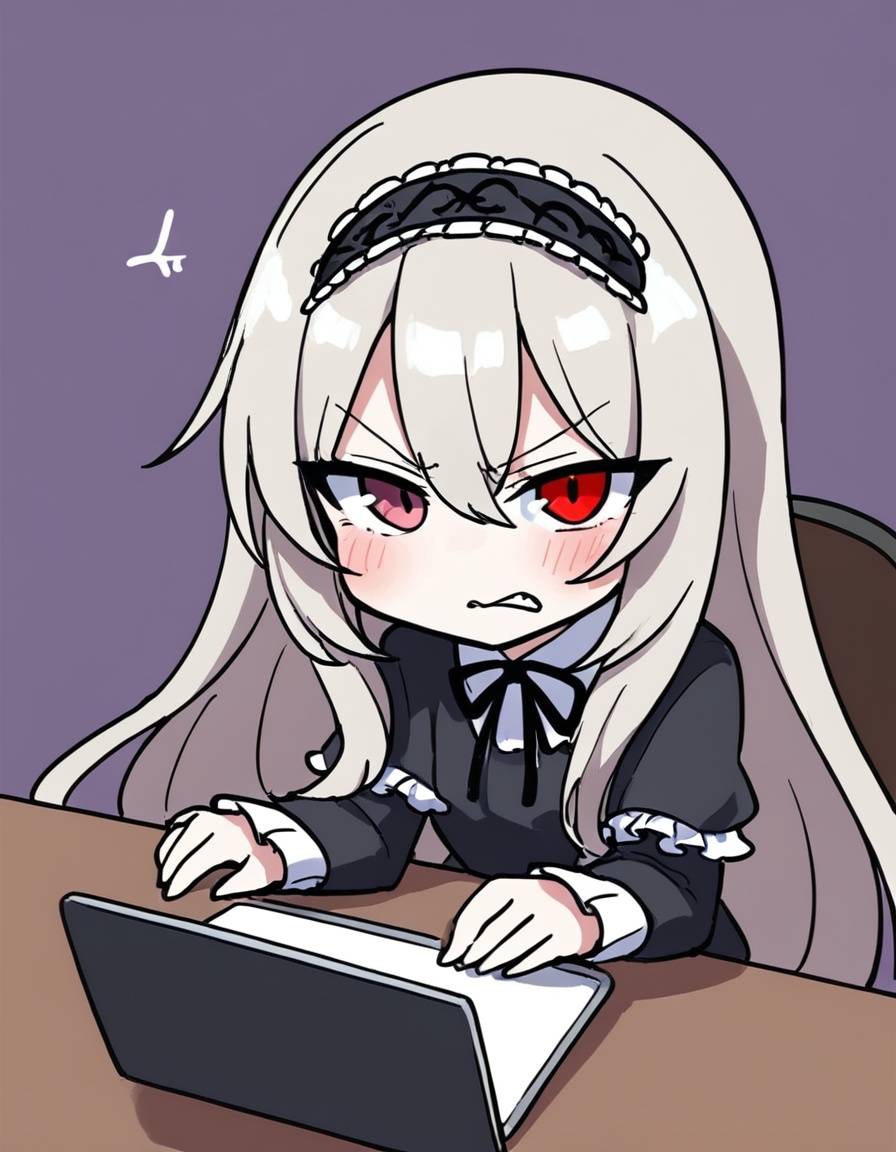 zmgwshnmspfd, 1girl, suigintou, rozen maiden,zmgwshnmspfd, long hair, hairband, wings, red eyes, white hair, grey hair, black wings, laptop, table, rose, computer, joints, smile, feathered wings, frills, very long hair, black dress, purple background, blush, looking at viewer, frilled sleeves, bow, doll joints, gothic lolita, flower, heterochromia, solo, pink eyes, sitting, ribbon, doll, chair, lolita fashion, dress<lora:zmgwshnmspfd:1>​​​