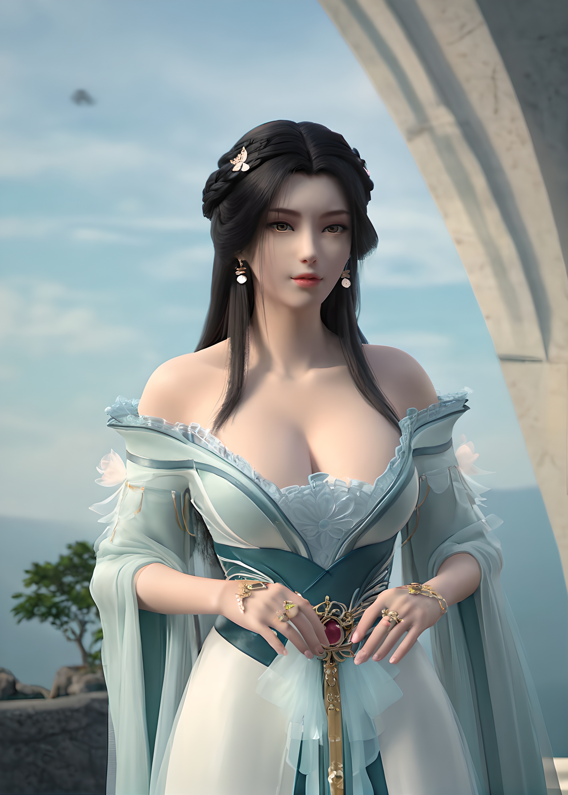 score_9,score_8_up,score_7_up,<lora:SF_JiangLi_Pony-000003:0.7>,incredibly absurdres,1girl,solo,standing,dress,breasts,large breasts,lips,jewelry,hair ornament,looking at viewer,white background,