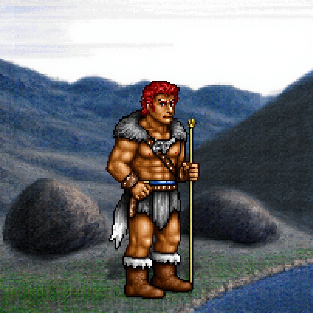 cinematic still Original HoMM2 style full-height character figure of a barbarian faction town captain. He stands on barbar...
