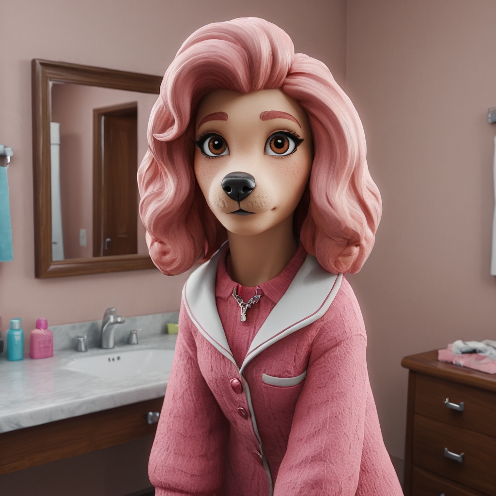 a beautyful portrait of a pink female poodle dog in the role of a professional hair dresser in a professional outfit with...