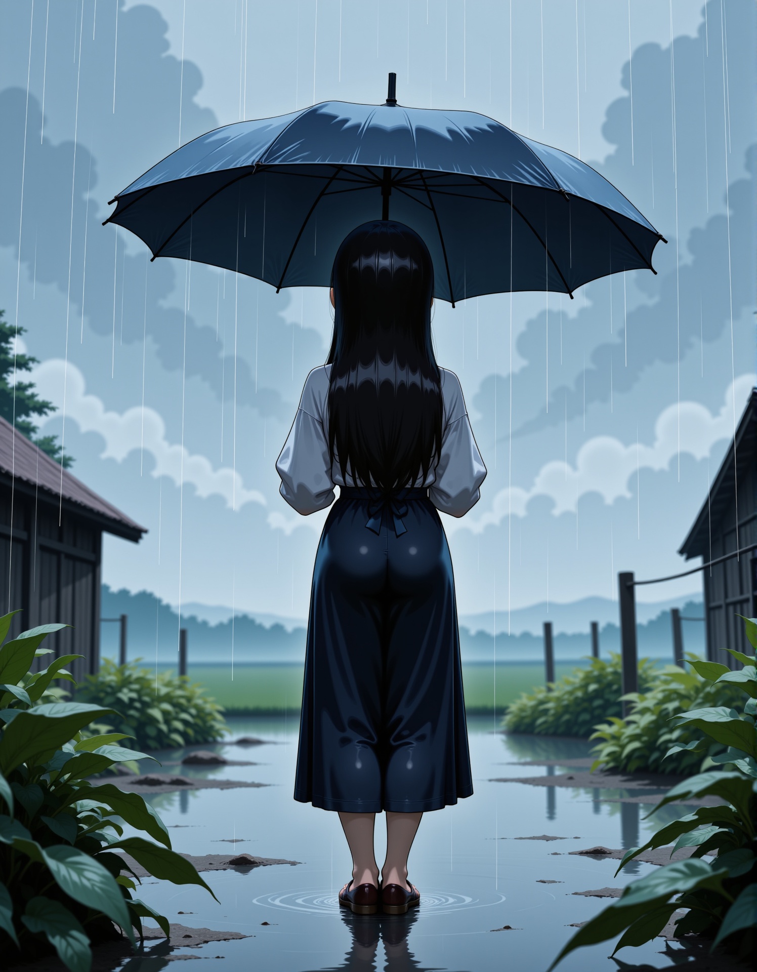 girl with long black hair stands in the countryside,  holding an umbrella as heavy rain pours down around her. She is wear...