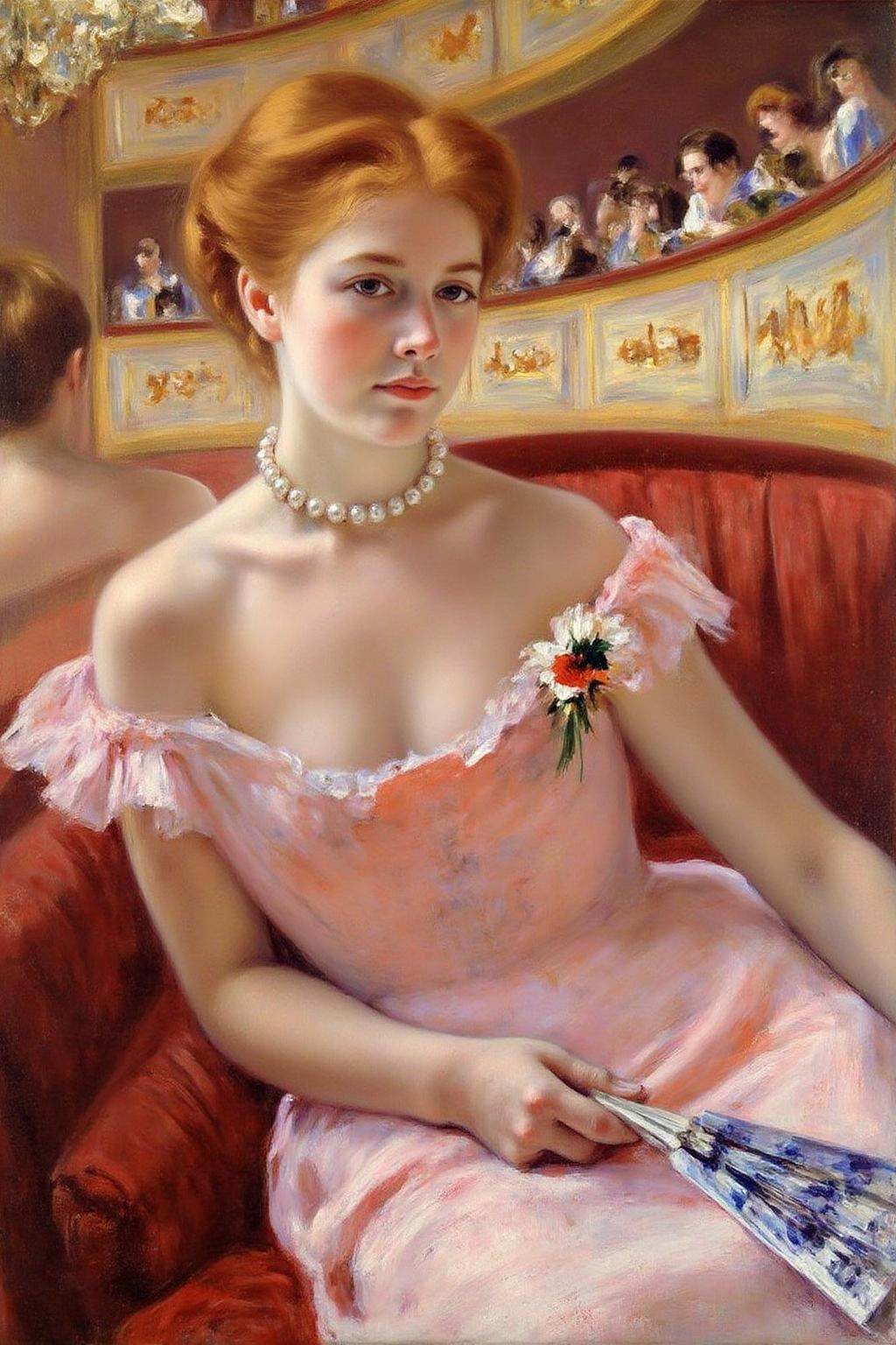 marycassatt1 painting.a woman seated in an elegant,  ornate theater box. She is depicted in a soft,  pastel pink dress wit...