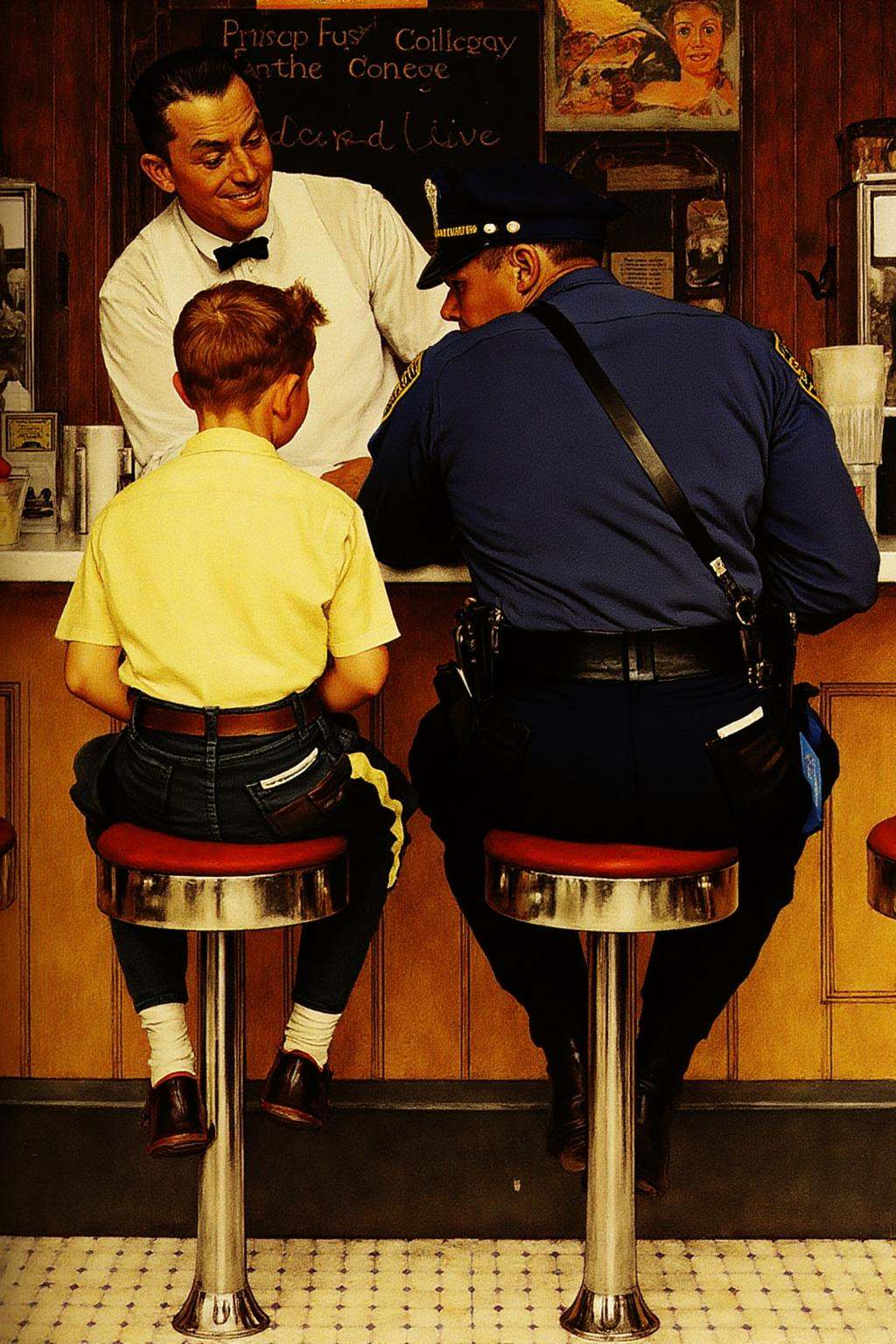 normanrockwell1 painting.Inside a 1950s-style diner,  a police officer and a young boy sit at a counter,  their backs to t...