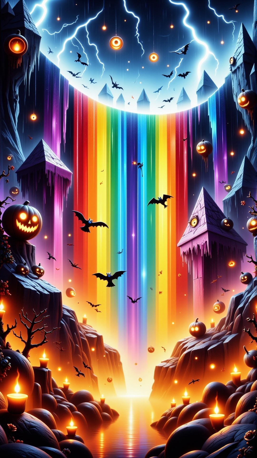 HalloweenGlowStyle orange themed A rainbow-colored waterfall flowing inside a crystal cave,  vibrant colors,  reflecting o...