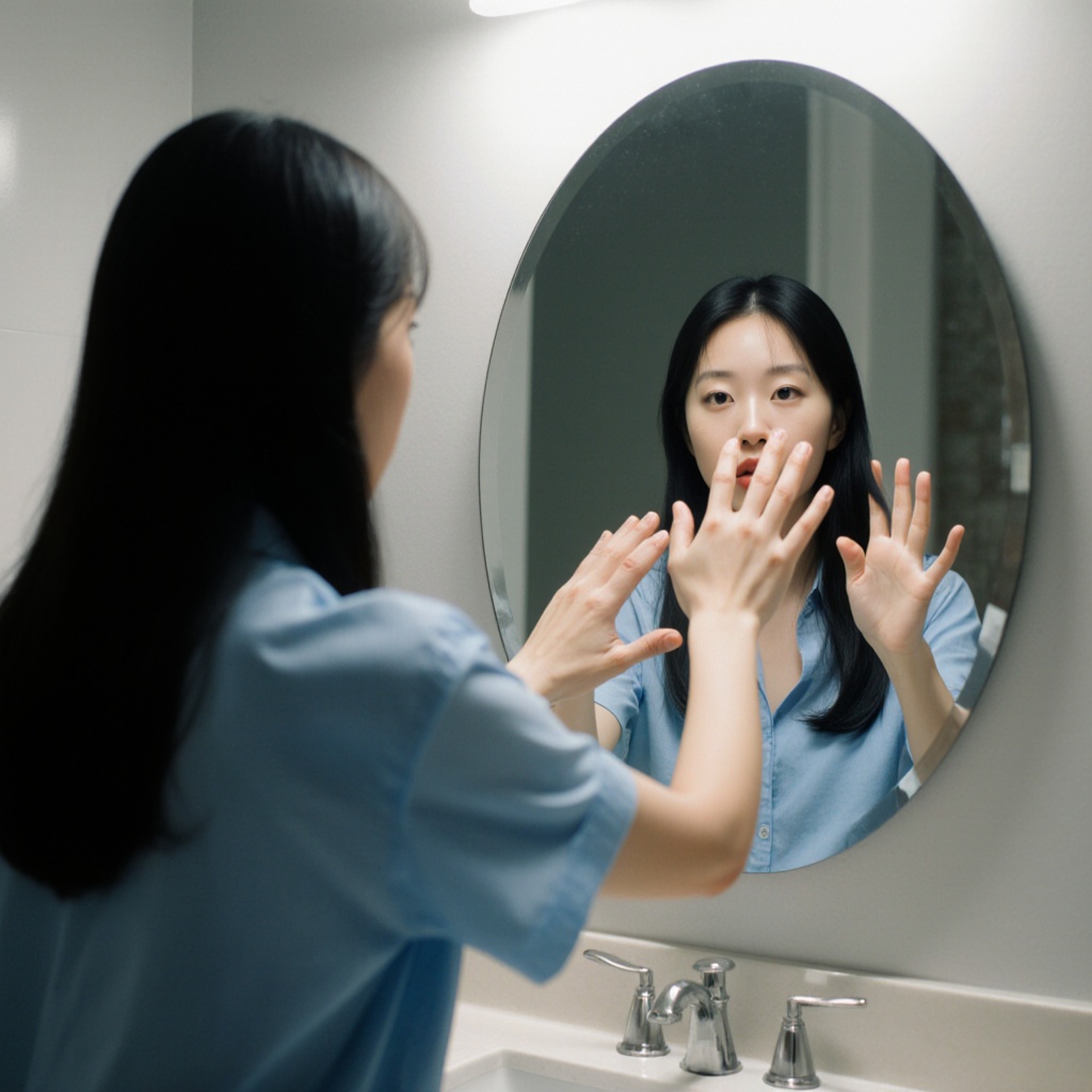 Surrealist art cinematic image of an Asian woman is reaching out to her reflection in a mirror,  perfect image,  perfect b...