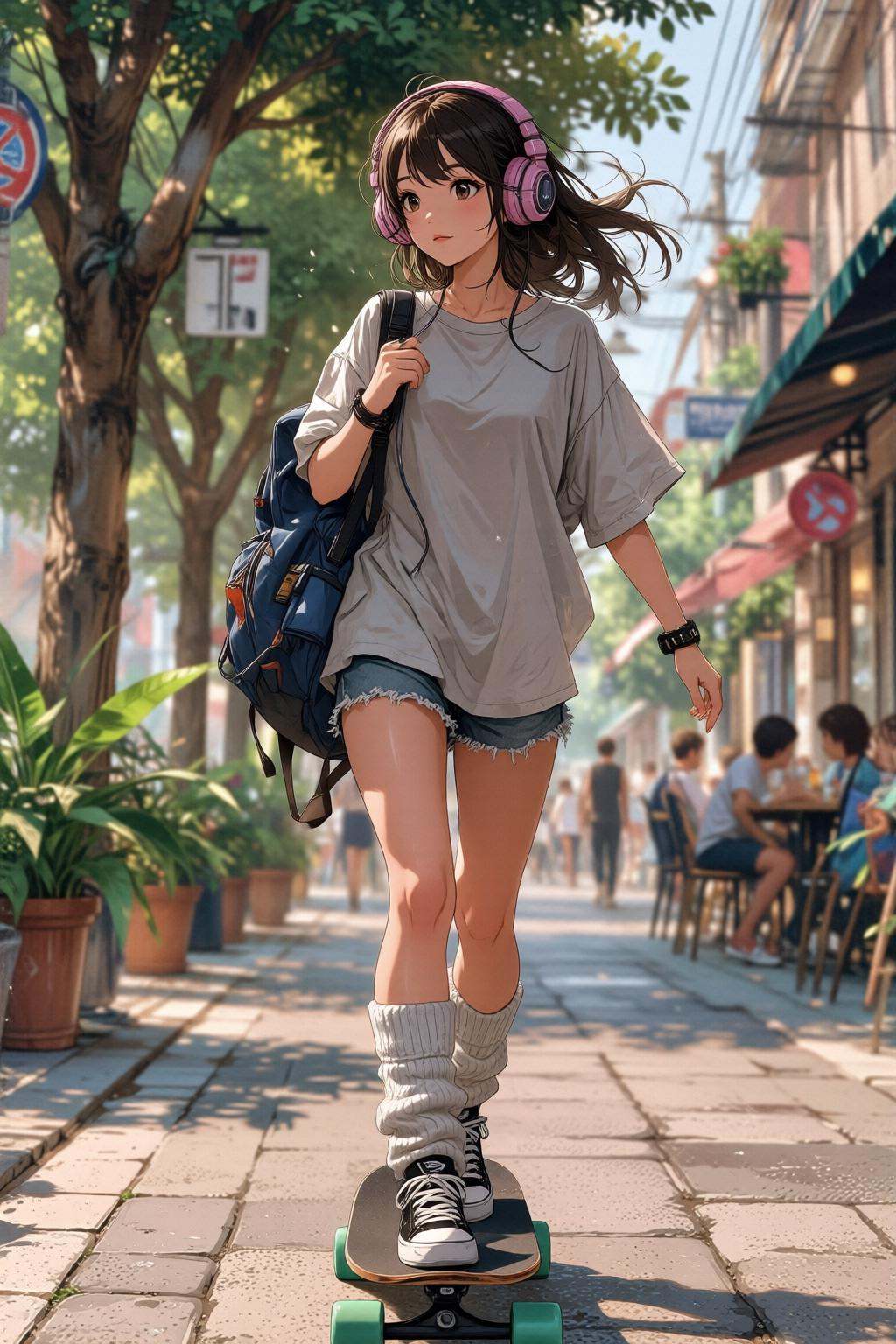 nijimix6q anime style illustration. A young woman riding a skateboard on a sunny street. She is wearing a light gray overs...