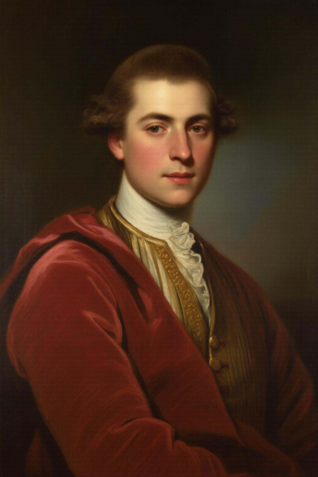 joshuareynolds2q painting.A young man from the 18th century. His hair is styled in a manner that is neatly parted and slig...
