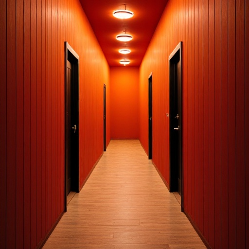 organic,  narrow hallway with walls painted in deep reds and oranges on Tensor.Art