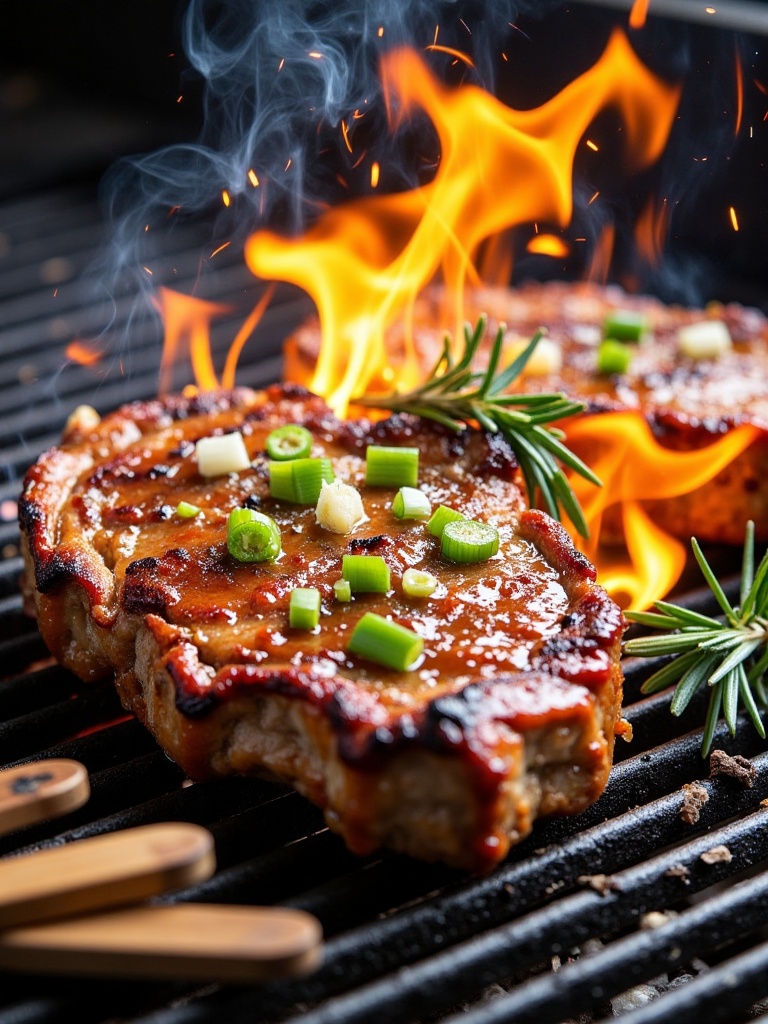 gourmet food,  gourmet food Photograph of a juicy,  glazed pork chop sizzling on a grill on Tensor.Art