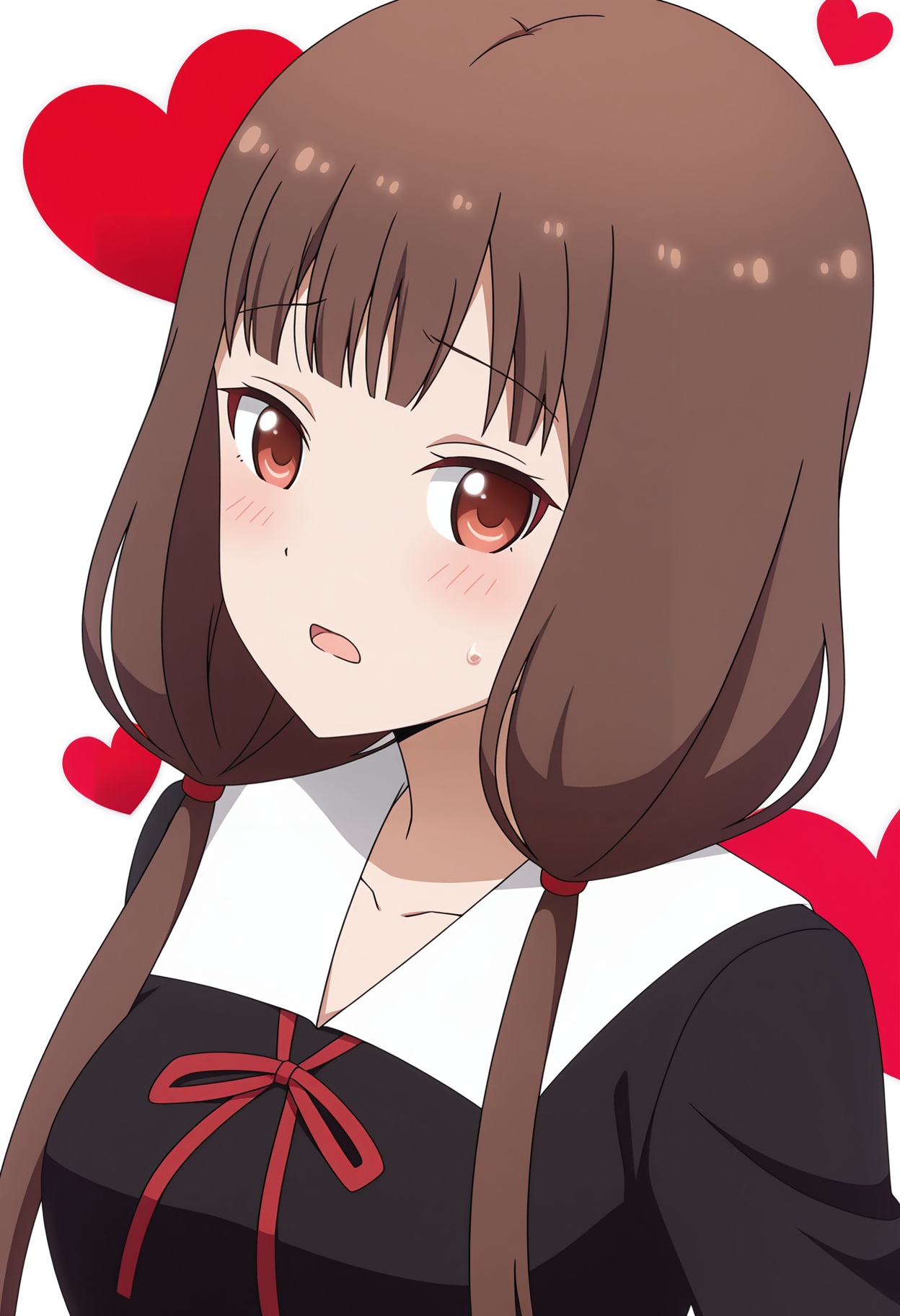 <lora:Iino Miko_illustrious-000010:1>,Iino Miko,1girl,solo,school uniform,heart,blush,open mouth,long sleeves,looking at viewer,red ribbon,dress,upper body,black dress,ribbon,collarbone,white background,neck ribbon,anime screencap,