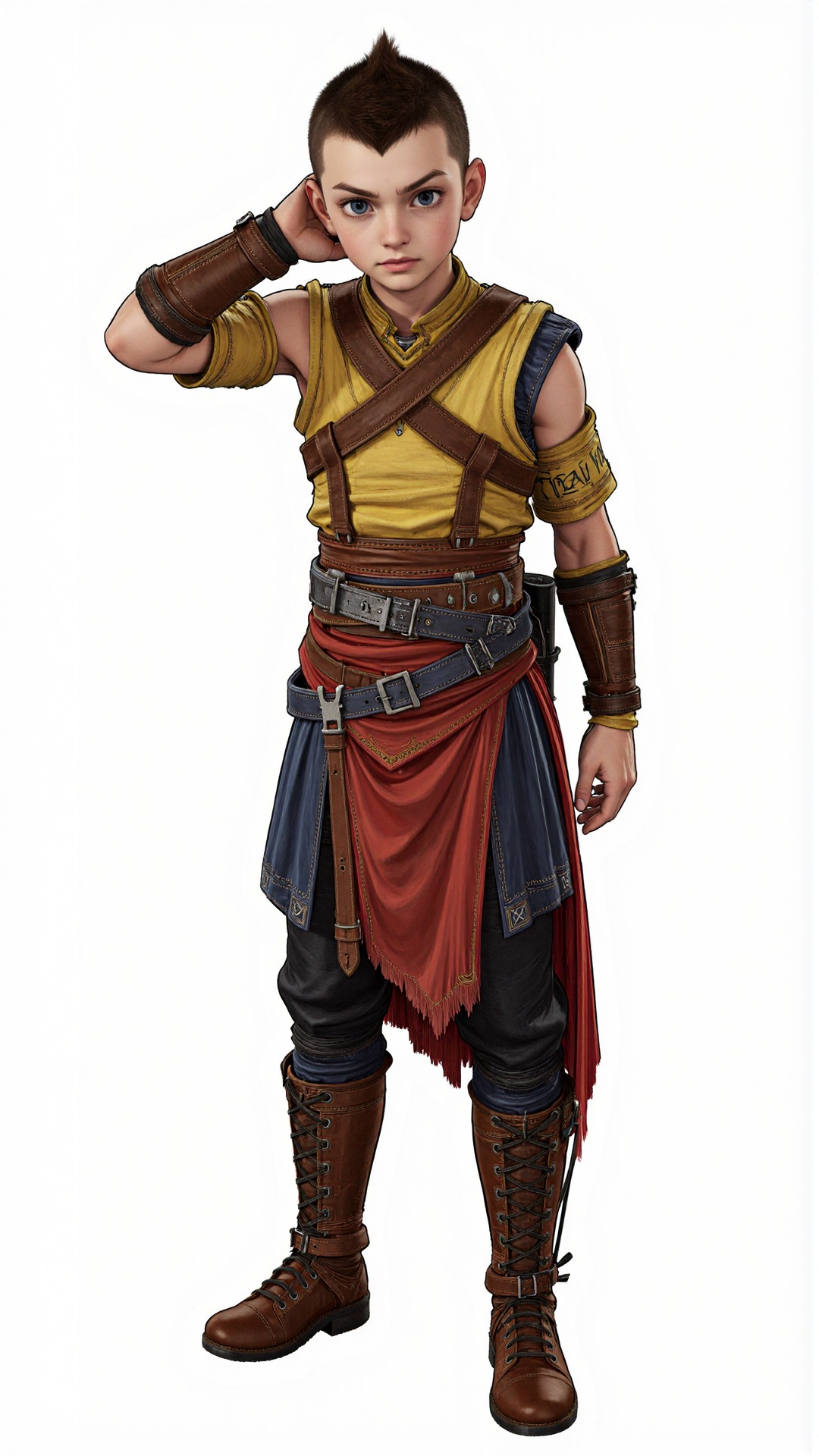 One-handed aerial cartwheel,  in a toujinbou locationGoWRAtreus boy with blue eyes and short brown buzzcut. Wearing a yell...