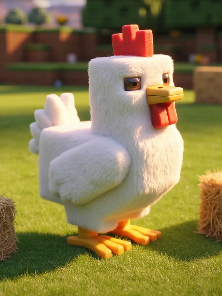 Cubic chicken with square feathers pecking ground,  standing next to hay bale,  farm setting in Minecraft daylight. on Ten...