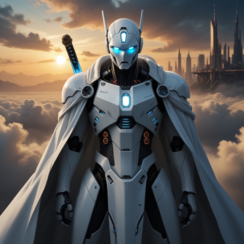 A white robot with glowing blue eyes,  wearing a white cloak and holding a sword,  set against a futuristic background wit...