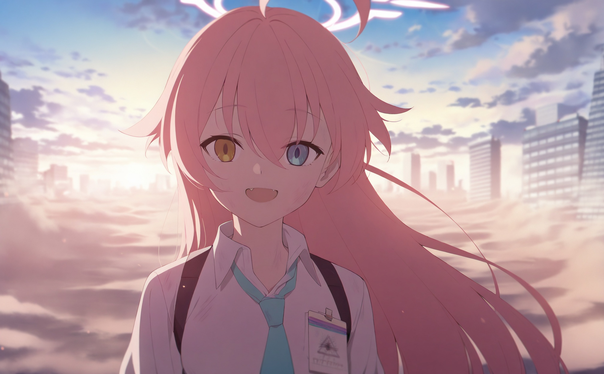 masterpiece,best quality,high quality,1girl,hoshino (blue archive),heterochromia,shirt,solo,pink hair,necktie,white shirt,halo,long hair,blue eyes,fang,ahoge,blue necktie,collared shirt,building,outdoors,yellow eyes,looking at viewer,smile,id card,hair between eyes,open mouth,skyscraper,cloud,sky,upper body,pink halo,dirty,shoulder strap,cloudy sky,aqua necktie,city,dust,:d,cityscape,sunrise,harness,skyline,blurry,dirty face,strap,<lora:BA2——【Illustrious】hans:1>,