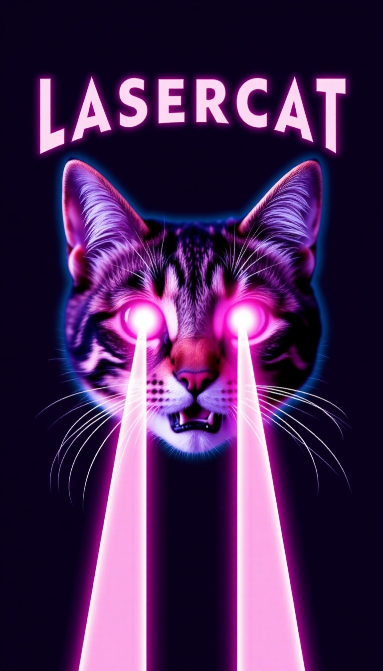 LASERCAT,  LASER CAT WITH PINK PARALLEL LASER BEAMS COMING FROM ITS EYES,  TEXT ON TOP THAT SAYS "LASERCAT" on Tensor.Art