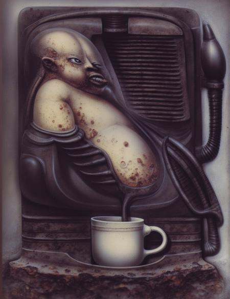 gigerart.a piece of art by HR Giger. a highly detailed drip coffee machine. a belly button with boils and crusty skin. cof...