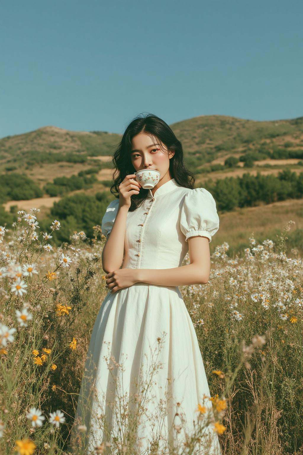 midjourney photograph. A young Korean woman with long wavy hair is standing in a field of wildflowers,  dressed in a white...