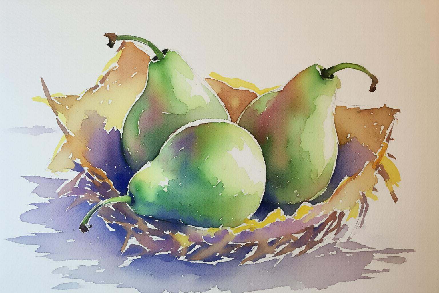 watercolorbasic2q watercolor painting.Three pears resting in a basket. on Tensor.Art