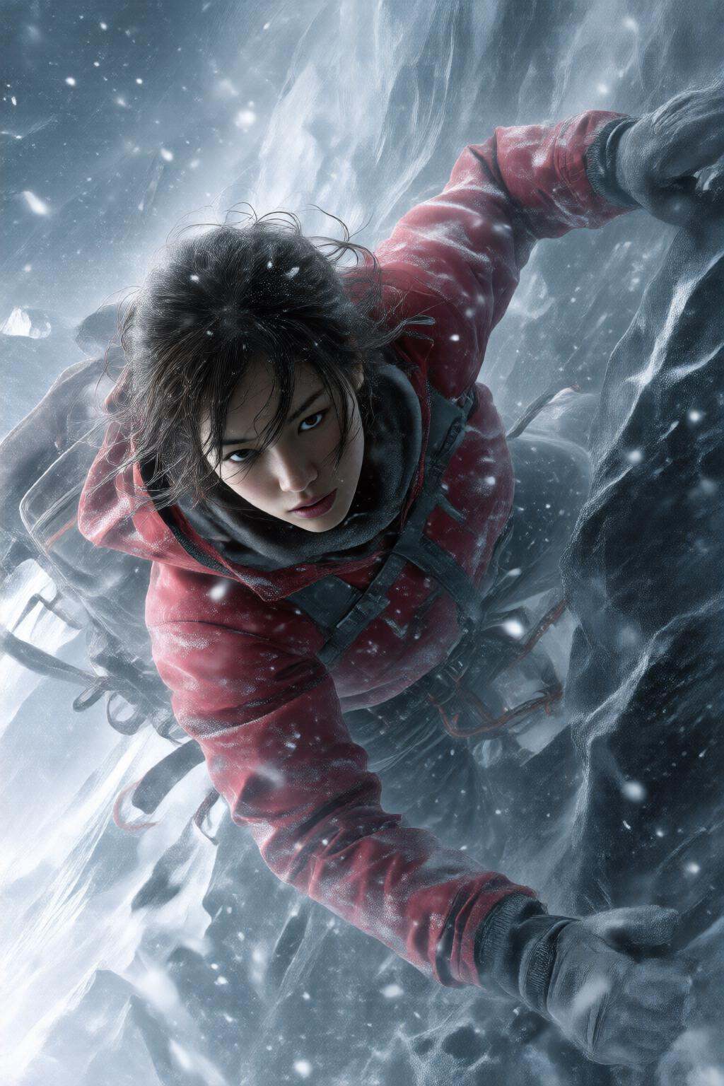 midjourneyhighangle13q High angle view. A young Asian woman dressed in a red jacket and wearing a backpack,  engaged in an...