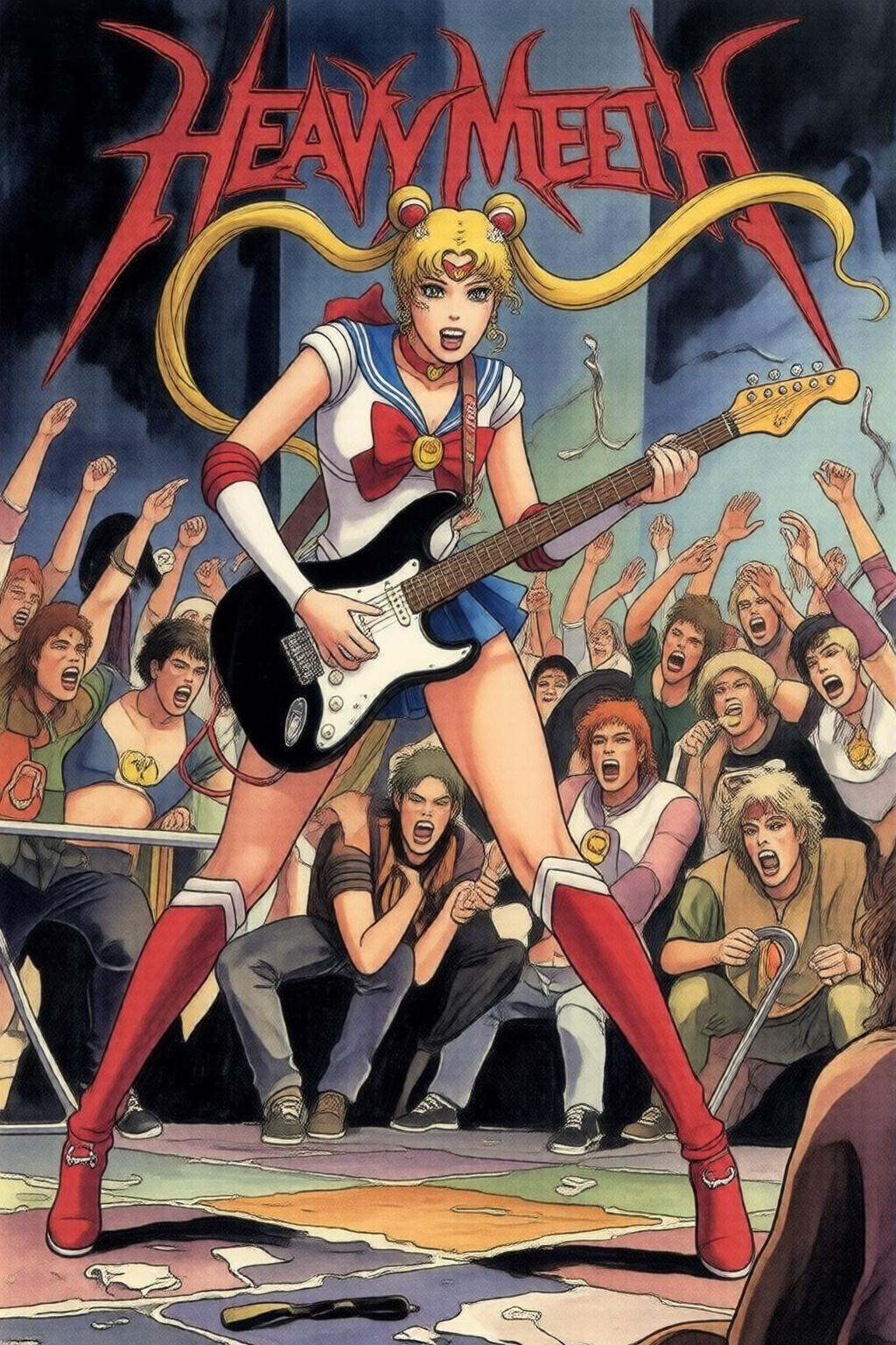 milomanara7q illustration. Punk sailor moon playing a guitar at a heavy metal mosh pit,  tattoos,  piercing on Tensor.Art