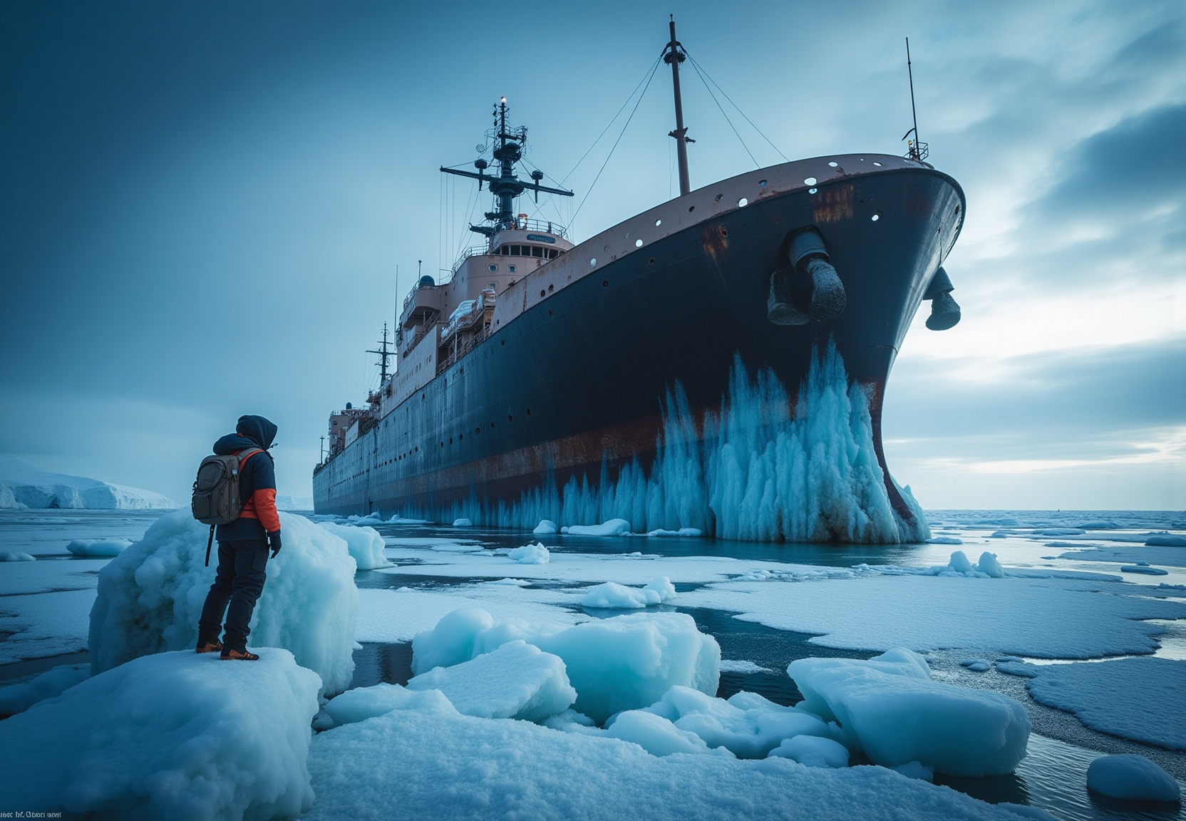 escimo gazes up at a colossal icebreaker ship that is captured in ice. The scene unfolds with meticulous attention to deta...