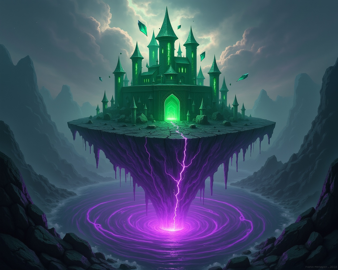 a broken castle made from shattered green glass,  floating in the sky above a swirling purple abyss. broken glass and chun...