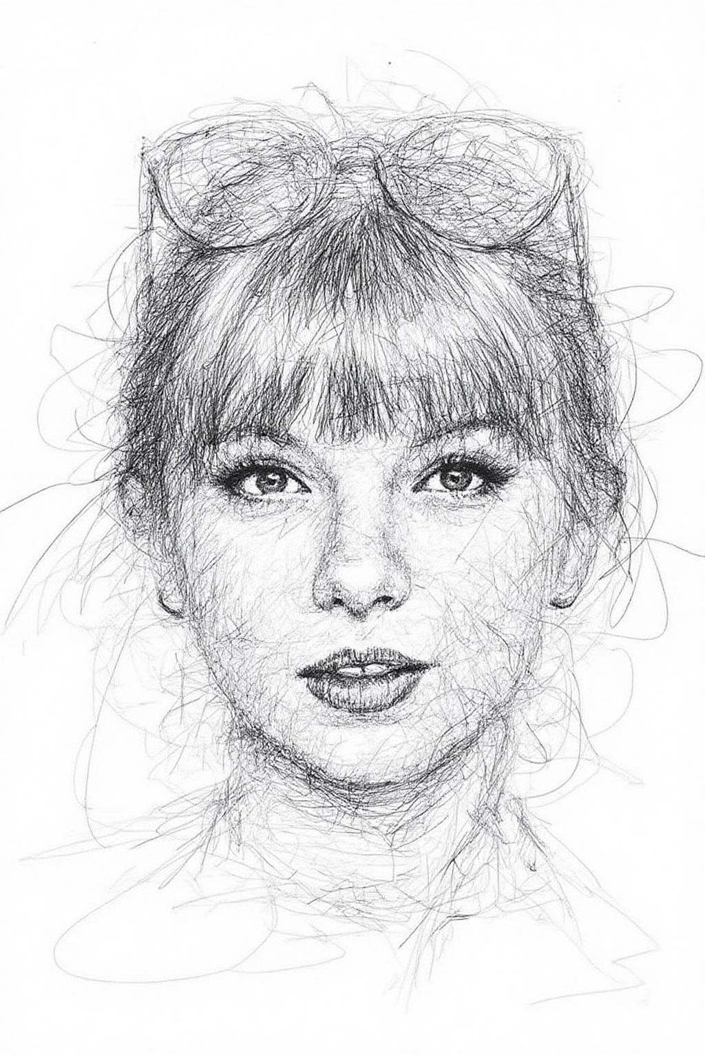 drawing of face of Taylor Swift,  with bangs and a pair of sunglasses above her head. on Tensor.Art