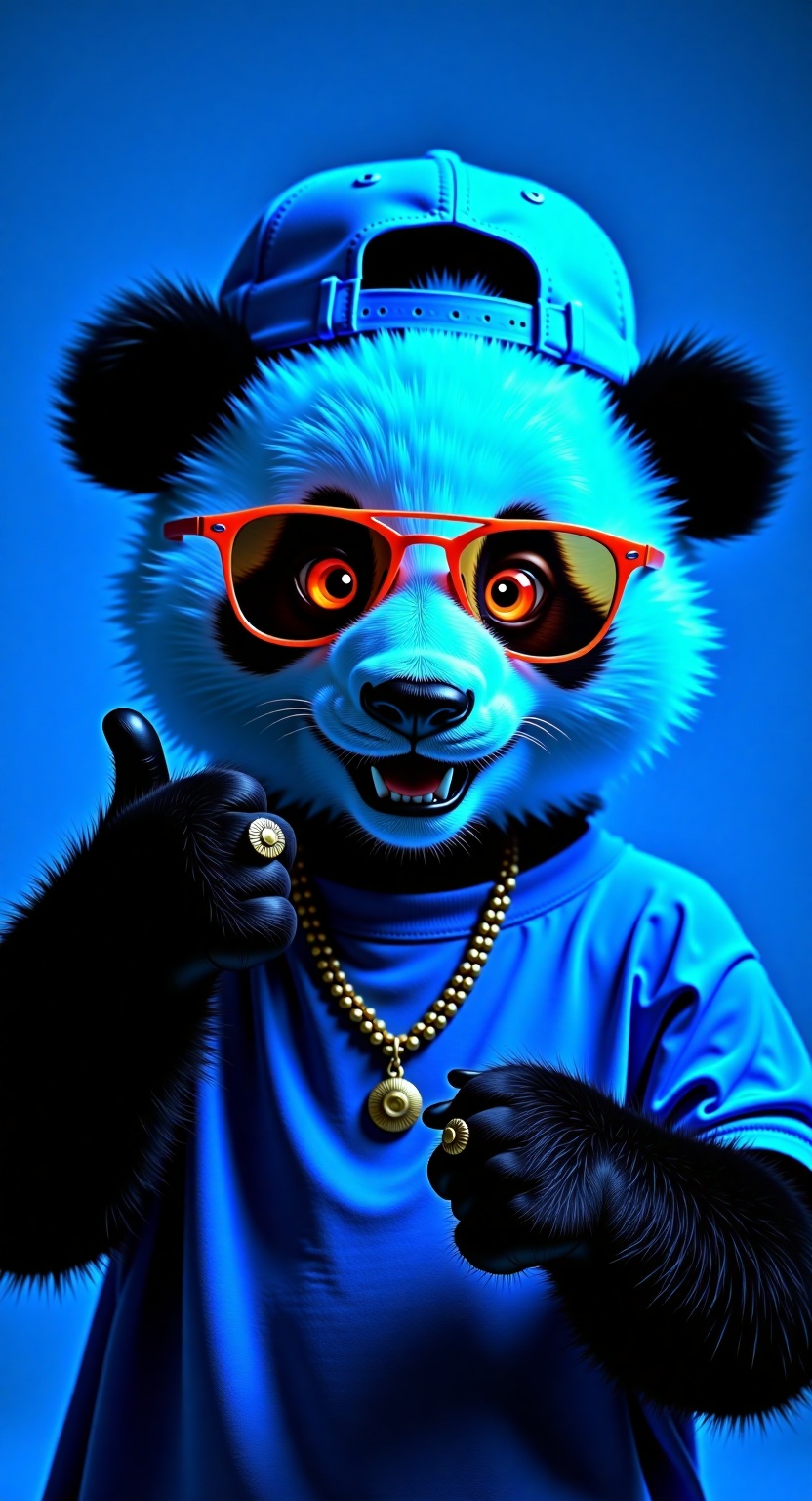 blue light,  A young panda,  wearing a backwards baseball cap and a blue shirt with intricate details on Tensor.Art
