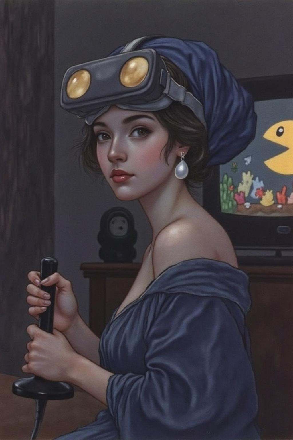 charob1 illustration.A young woman turned slightly toward the viewer,  She wears a deep blue VR Headset with golden yellow...