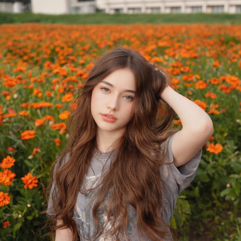 A portrait of dasha_taran in a field of orange flowers. She has long,  wavy brown hair and blue eyes. She wears a gray t-s...