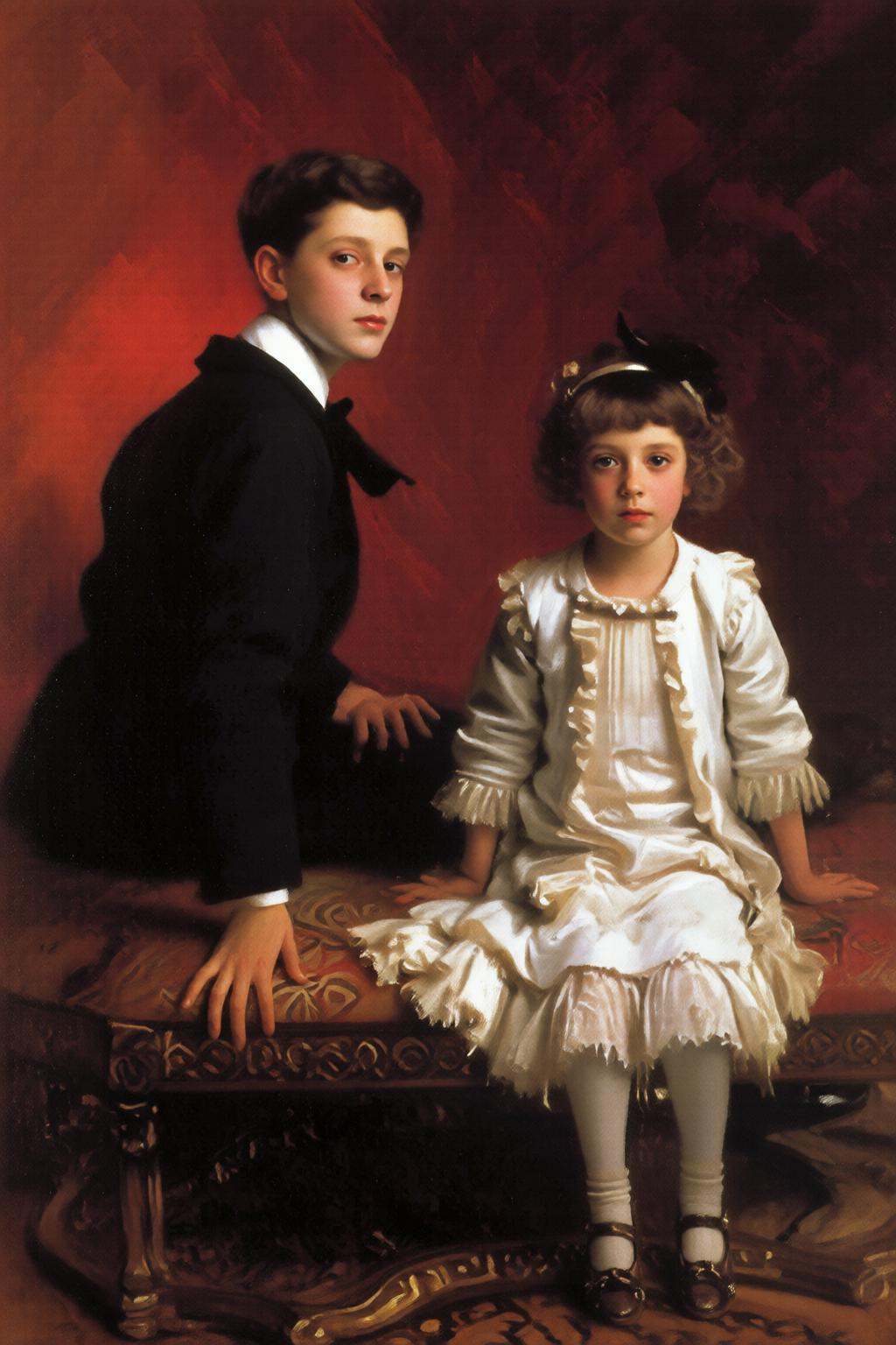 johnsingersargent6q painting.Two individuals are seated on an ornate bench. On the left sits a boy,  shown in side profile...