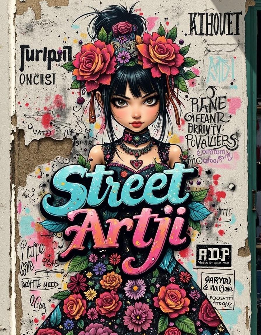 Street-Artji,  vibrant 3d "Street Artji" text in graffiti style,  sorrounded by doodles and a gothic girl wearing colorful...