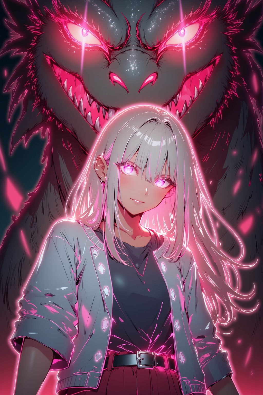 The central figure is a young woman with long, flowing blonde hair, adorned with a pair of large, glowing red eyes. She has a confident, almost mischievous expression, with a slight smirk on her face. She is dressed in a casual outfit consisting of a loose, light blue jacket with a high collar, a black shirt, and a red skirt. Her attire has a slightly futuristic or sci-fi vibe, with the jacket featuring a glossy texture and the skirt flowing outwards.In the background, a massive, menacing dragon-**** creature with a wide, open mouth dominates the scene. Its eyes are large and glowing red, with a single, sharp, red spike piercing through its pupil, adding a menacing quality. The dragon's mouth is filled with sharp teeth, and its body is partially visible, with dark, shadowy textures and hues of red and black.