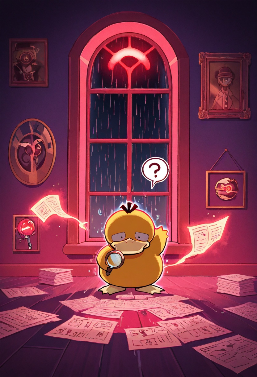 psyduck noir detective,  dimly lit office,  glowing red clue map on Tensor.Art