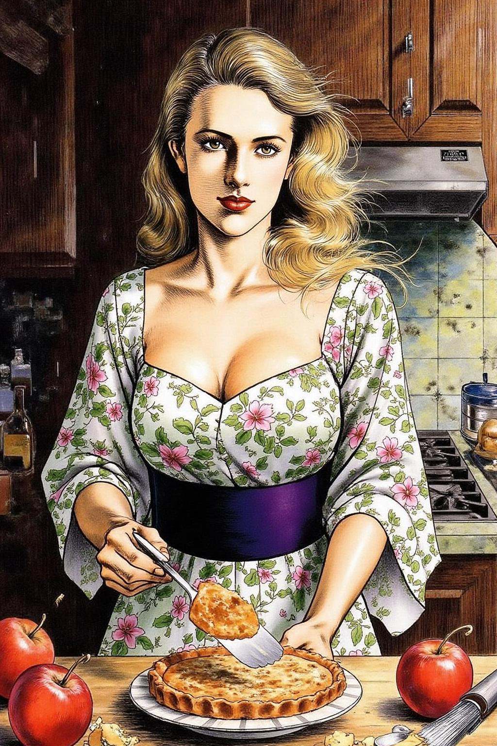 1keryo illustration. A blonde woman wearing floral dress,  baking apple pie in a rustic kitchen on Tensor.Art
