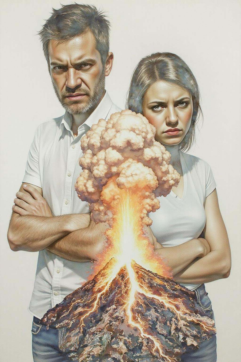 Portrait painting. An angry man and an angry woman stand side by side with their arms crossed. Their head and bodies blend...