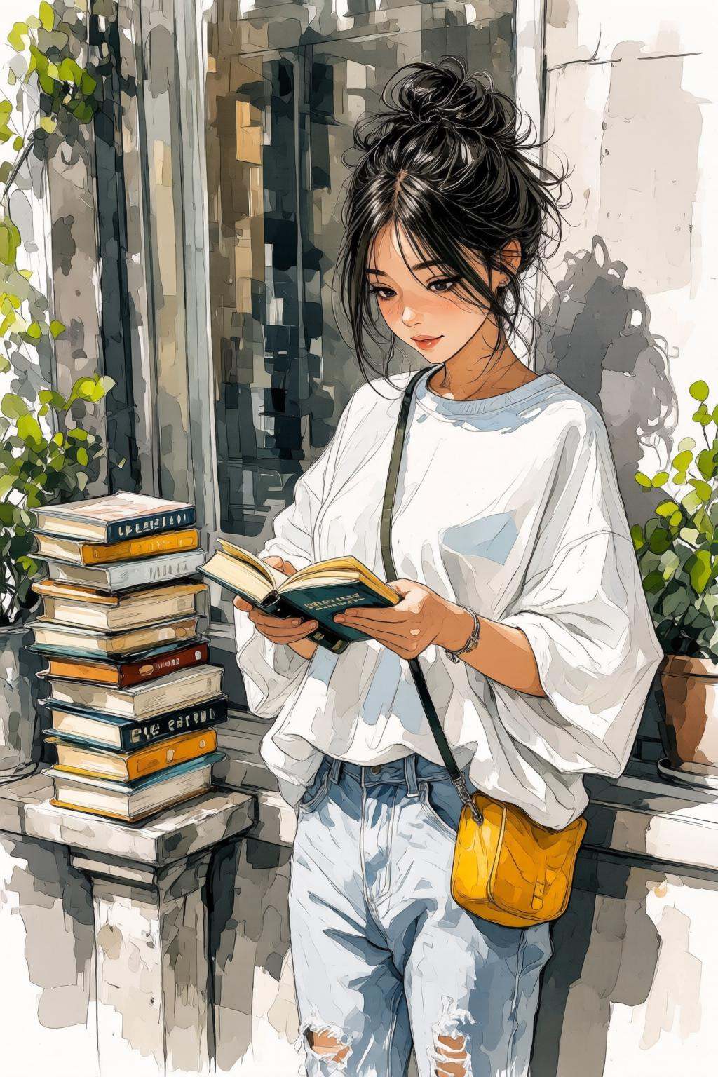 nijiwatercolor1q anime illustration.A young woman is standing outdoors,  engaged in reading a book. She is dressed casuall...