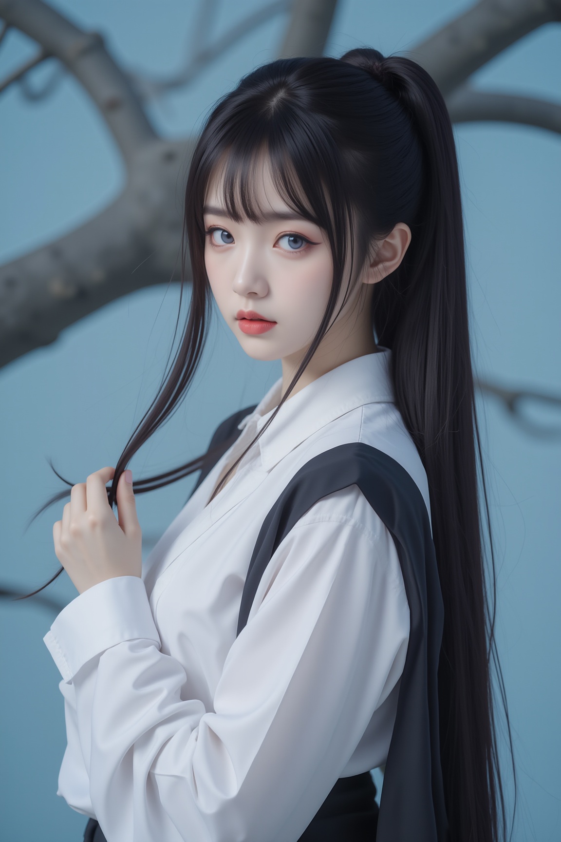 A close-up shot of a young Asian woman with long dark hair wearing a white shirt and a black kimono.She has charming breasts and shoulders. Her hair is pulled back in a ponytail adding a touch of color to her face. Her eyes are a piercing blue and her lips are a vibrant red. She is positioned in front of a backdrop of a tree branch with a light blue sky creating a stark contrast to her dark hair. The woman's hair is cascading over her shoulders adding depth to the composition. The background is blurred making the woman's attention to the image.