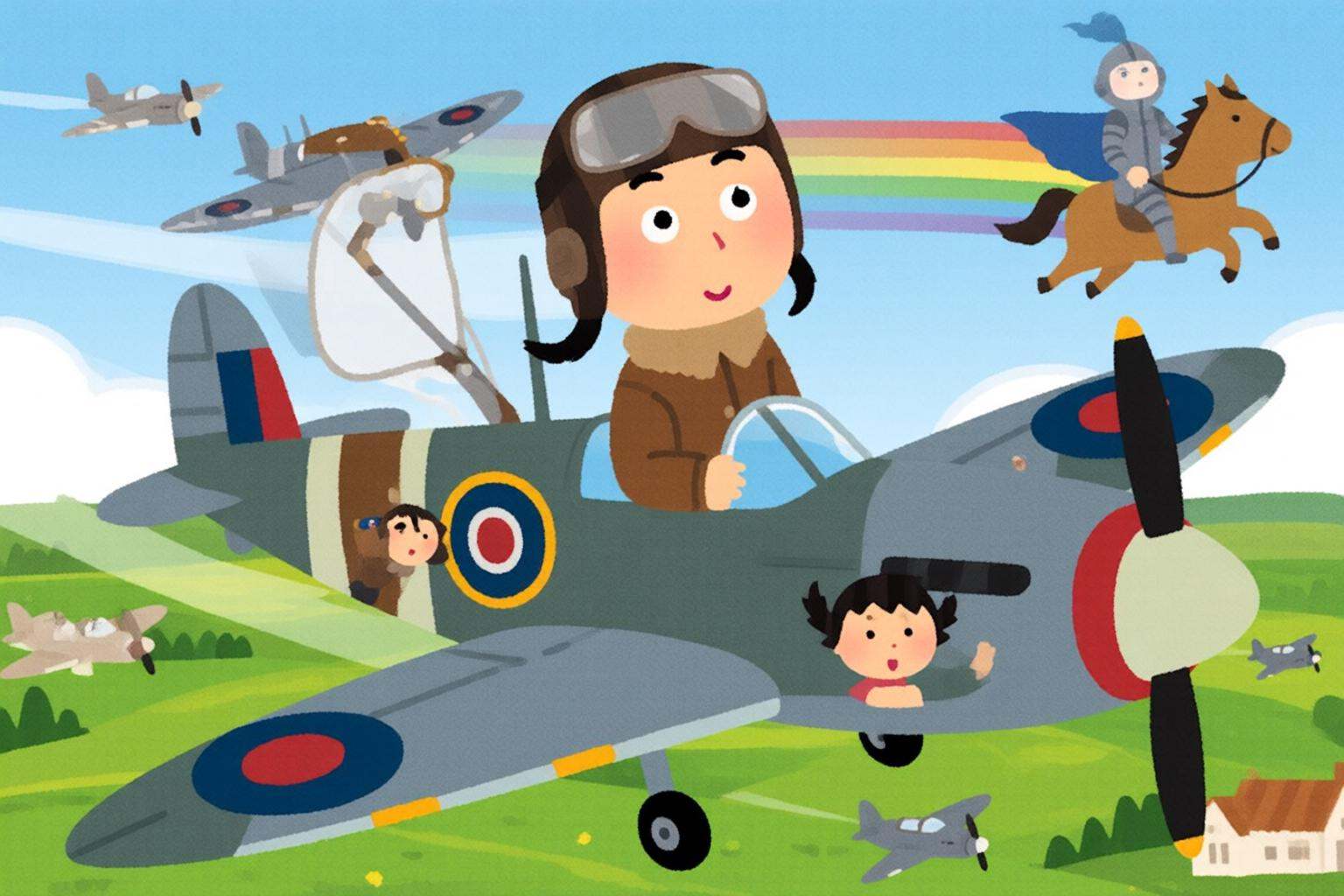 irasutoya3q illustration. frankowensalisbury2q. A pilot and a soldier on top of a Spitfire fighter aircraft. The pilot at...