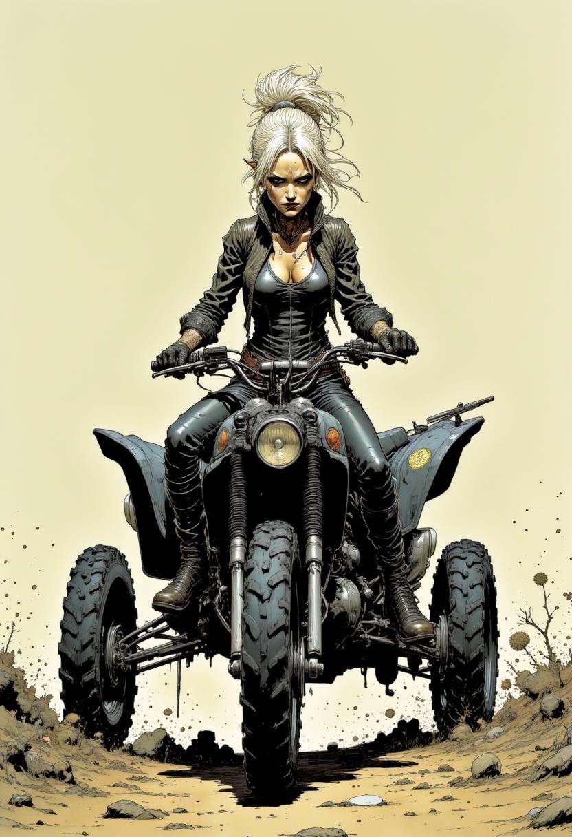 A detailed,  digital illustration in a gritty,  urban style. A young woman riding a rugged on Tensor.Art