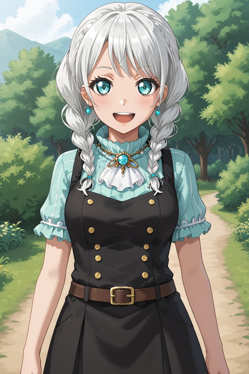 Wakamiya Eve, long hair, smile, bangs, blue eyes, braid, white hair, twin braids, aqua eyes,  hair over shoulder,, open mouth, :d<lora:eve:0.8>