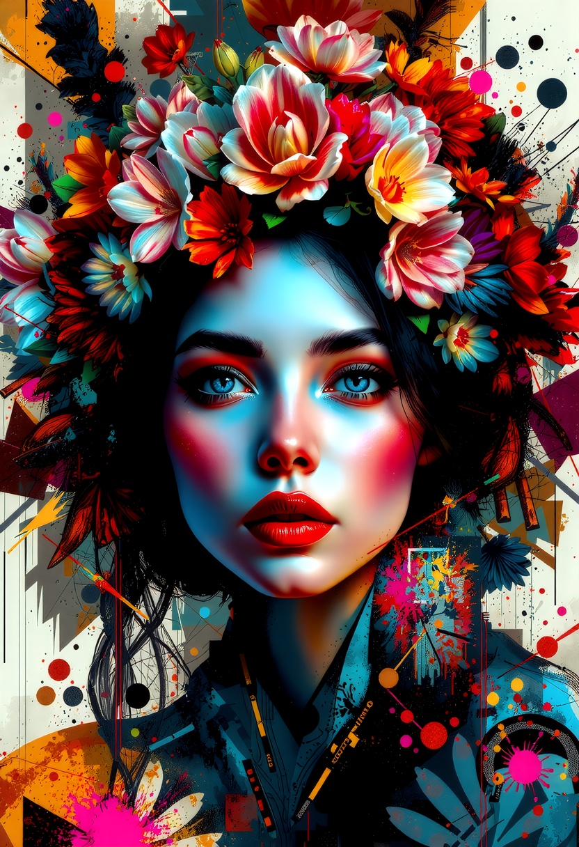 a breathtaking and exquisitely detailed abstract portrait of a beautiful woman with a serene expression,  adorned with a v...