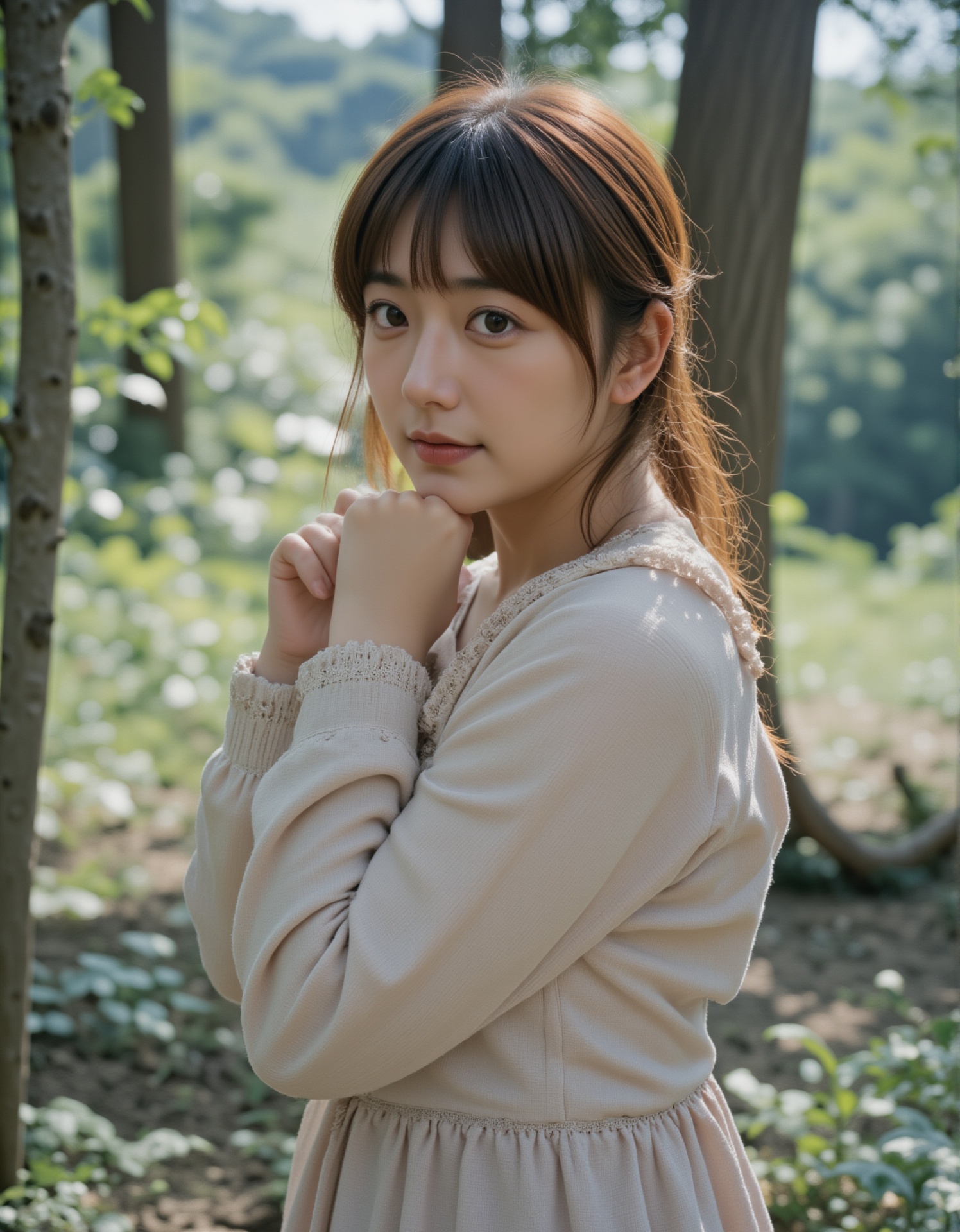 A young woman with long,  wavy brown hair and fair skin stands in a sunlit forest,  wearing a light beige on Tensor.Art