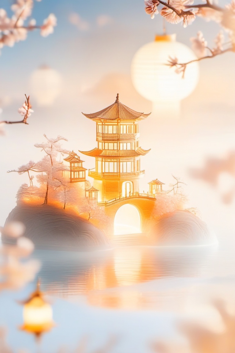 Microarchitecture,juanzhou,A chill, dreamy scene with a glowing, old-school Chinese pagoda on a snowy, rocky island. Cherry blossoms are in full bloom, and a lantern throws out a warm, orange glow. The water below is calm as hell, mirroring the soft, golden light. The whole vibe is peaceful and totally zen.,<lora:juanzhouv1:0.8>