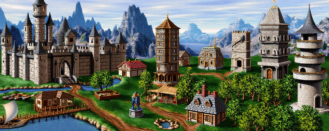 Original HoMM2 style town screen of a fully built Wizard town on a wizard faction background. It contains a Wizard Castle...