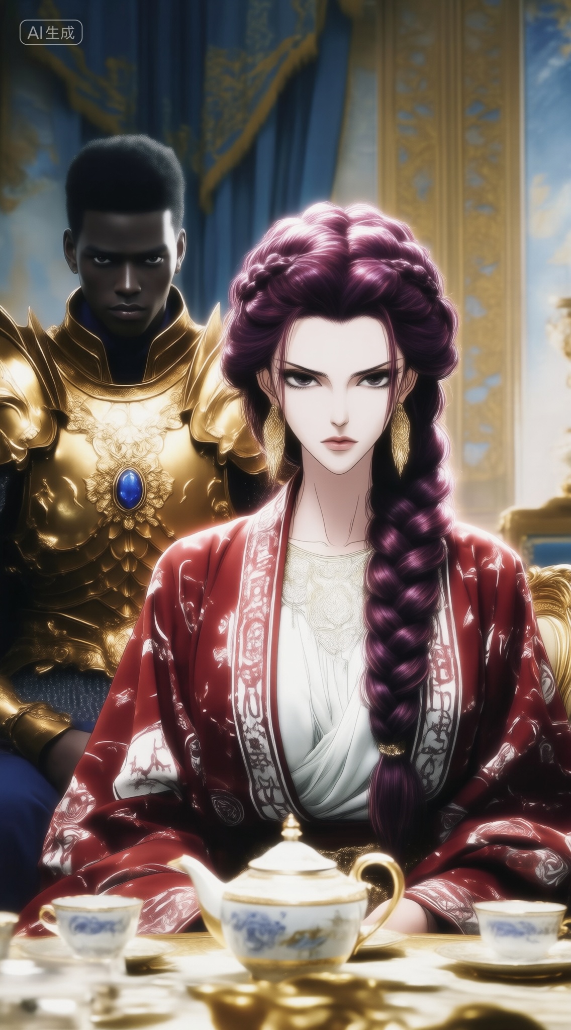 a digital illustration shoot from the front about a seated woman with long,  braided purple hair in a luxurious setting,...