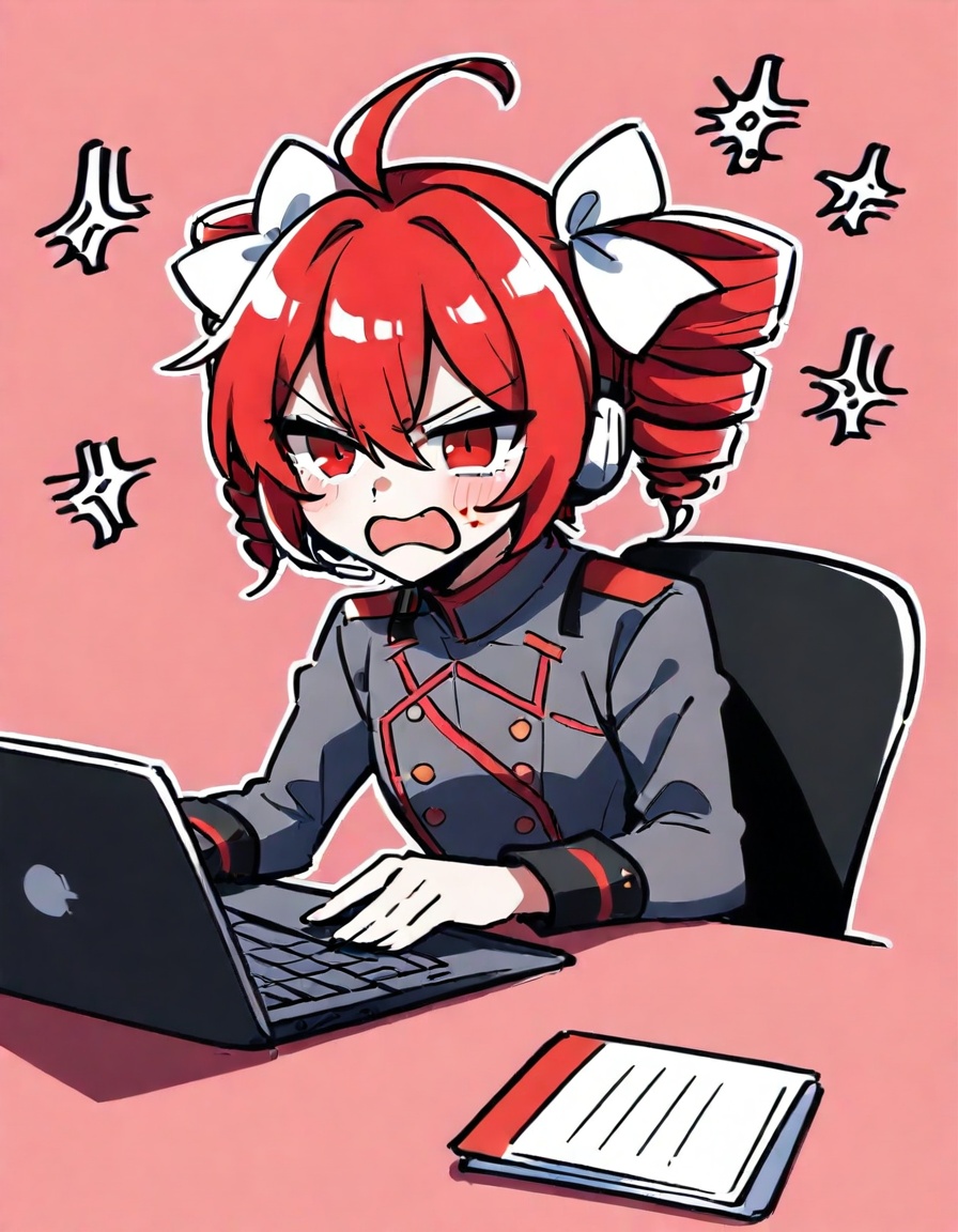 1girl, kasane teto \(sv\), synthesizer v,zmgwshnmspfd, drill hair, red eyes, red hair, twin drills, ahoge, bow, hair bow, white bow, hair between eyes, short hair, laptop, angry, computer, solo, office chair, sitting, buttons, keyboard \(computer\), upper body, red trim, mousepad \(object\), pink background, swivel chair, chair, computer mouse, grey jacket, simple background, long sleeves, jacket, looking at viewer, headset, mouse \(computer\), open mouth, blush stickers, anger vein<lora:nsnsns:1>​​​